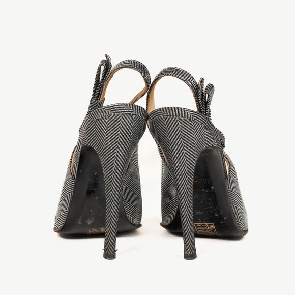 Gianfranco Ferre Silver & Black Metallic Herringbone Slingback Heels - Picture 3 of 9
